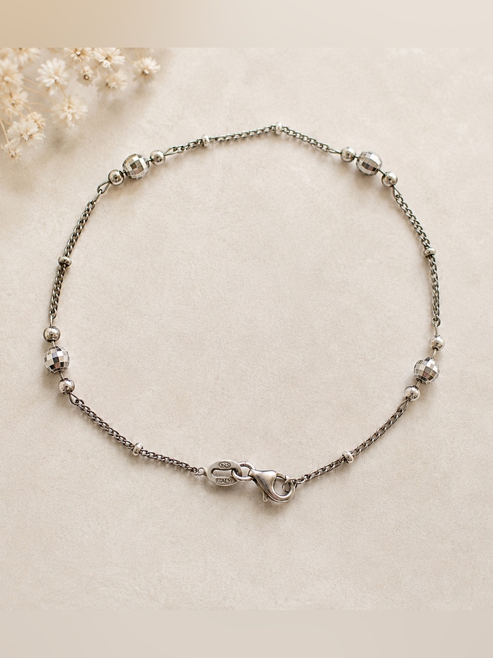 Vintage 1990s Sterling Silver Italy 925 Beaded Bracelet Dainty Chain